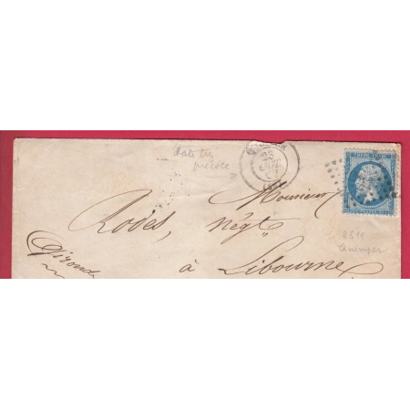 N°22 TRES PRECOCE 23 OCTOBRE 1862 PC 2611 QUIMPER FINISTERE POUR LIBOURNE GIRONDE LETTRE COVER
