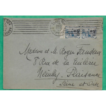 N°165 x2 PAIRE ORPHELINS DE GUERRE SURCHARGE CAD PARIS RUE D'ENGHIEN POUR NEUILLY PLAISANCE 1931 LETTRE COVER FRANCE