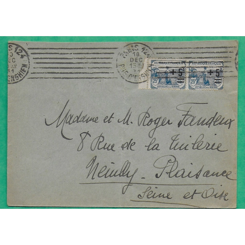 N°165 x2 PAIRE ORPHELINS DE GUERRE SURCHARGE CAD PARIS RUE D'ENGHIEN POUR NEUILLY PLAISANCE 1931 LETTRE COVER FRANCE