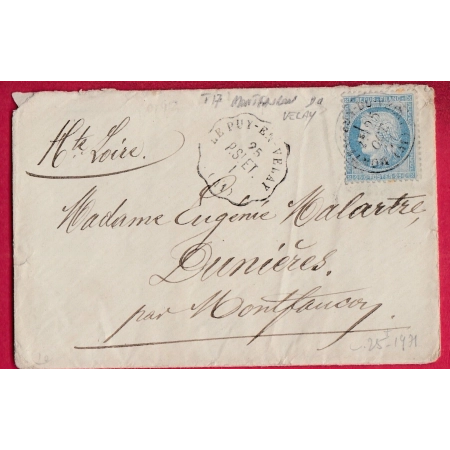 N°60 CONVOYEUR STATION LE PUY EN VELAY HAUTE LOIRE CAD T 17 MONTFAUCON DU VELAY POUR DUNIERES LETTRE COVER