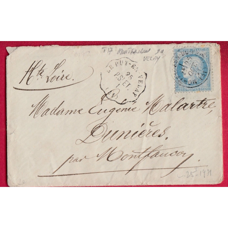 N°60 CONVOYEUR STATION LE PUY EN VELAY HAUTE LOIRE CAD T 17 MONTFAUCON DU VELAY POUR DUNIERES LETTRE COVER