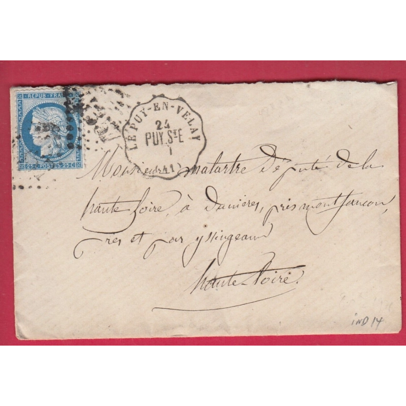 N°60 CONVOYEUR STATION LE PUY EN VELAY HAUTE LOIRE POUR DUNIERES INDICE 14 LETTRE COVER