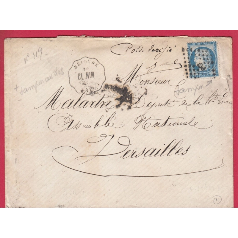 N°60 CONVOYEUR STATION BRIOUDE HAUTE LOIRE POUR VERSAILLES ASSEMBLEE NATIONALE MENTION POIDS VERIFIE LETTRE COVER