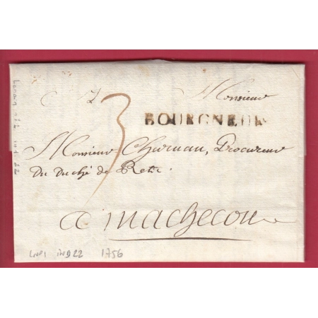 MARQUE BOURGNEUF EN RETZ LOIRE INFERIEURE 1756 LENAIN N°1 INDICE 22 POUR MACHECOUL LETTRE COVER