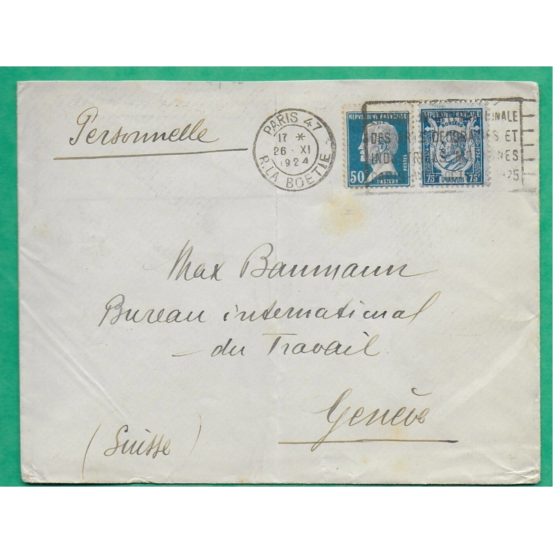 N°176 + 209 MIXTE PASTEUR RONSARD CAD PARIS RUE LA BOETIE POUR GENEVE SUISSE 1924 LETTRE COVER FRANCE