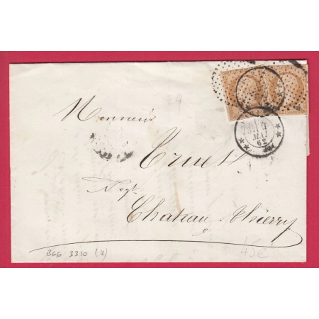 N°13 X2 PARIS CERCLE DE POINTS 1366 + 3310 POUR CHATEAU THIERRY AISNE 1862 LETTRE COVER ETIQUETTE PUB