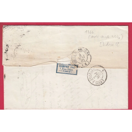 N°13 X2 PARIS CERCLE DE POINTS 1366 + 3310 POUR CHATEAU THIERRY AISNE 1862 LETTRE COVER ETIQUETTE PUB