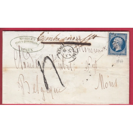 N°14 PC 1947 MEAUX SEINE ET MARNE TAXE TAMPON 4 POUR MONS BELGIQUE LETTRE COVER