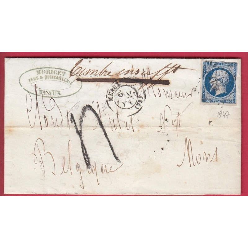N°14 PC 1947 MEAUX SEINE ET MARNE TAXE TAMPON 4 POUR MONS BELGIQUE LETTRE COVER