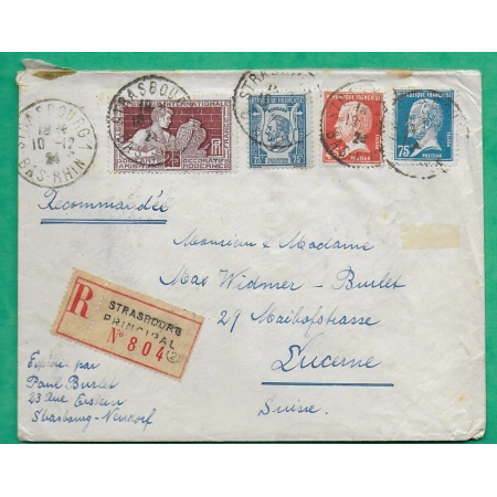 N°175 + 177 + 209 + 212 MIXTE PASEUR RONSARD ARTS DECO RECOMMANDE STRASBOURG POUR LUCERNE SUISSE 1924 COVER FRANCE