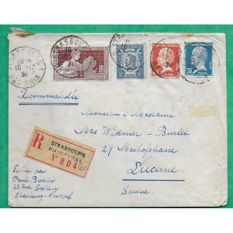 N°175 + 177 + 209 + 212 MIXTE PASEUR RONSARD ARTS DECO RECOMMANDE STRASBOURG POUR LUCERNE SUISSE 1924 COVER FRANCE