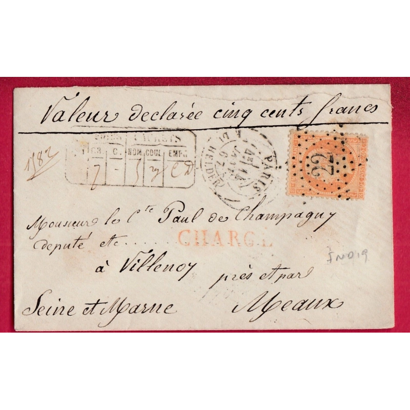 N°23 PARIS ETOILE 22 AVIS CHARGEMENT EN NOIR SUR VERSO R DU HELDER POUR MEAUX SEINE ET MARNE LETTRE COVER