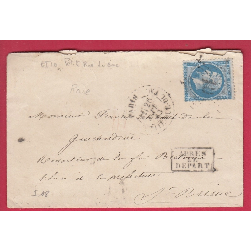 N°22 PARIS ETOILE 10 PETITE RUE DU BAC APRES LE DEPART POUR ST BRIEUC COTES DU NORD INDICE 18 LETTRE COVER