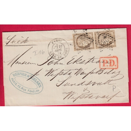 N°56 PAIRE PARIS ETOILE 26 GARE DE NORD POUR SUNDVALL SUEDE SWEDEN 1875 LETTRE COVER
