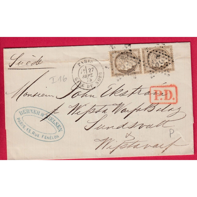 N°56 PAIRE PARIS ETOILE 26 GARE DE NORD POUR SUNDVALL SUEDE SWEDEN 1875 LETTRE COVER