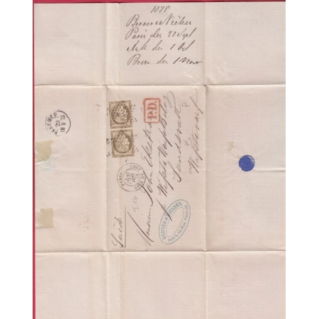 N°56 PAIRE PARIS ETOILE 26 GARE DE NORD POUR SUNDVALL SUEDE SWEDEN 1875 LETTRE COVER