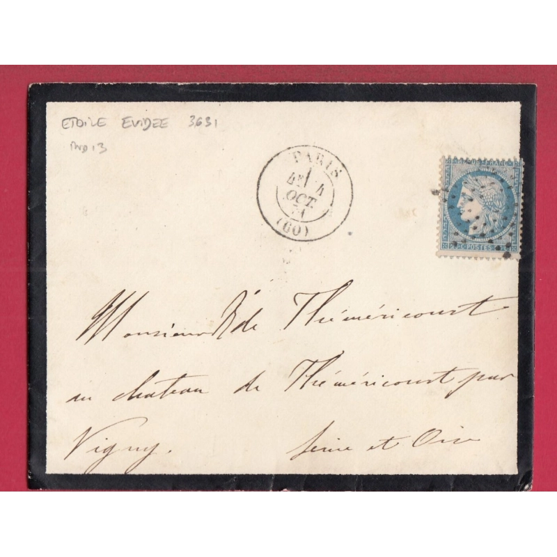 N°60 PARIS ETOILE EVIDEE BUREAU CENTRAL P3631 POUR VIGNY SEINE ET OISE INDICE 13 LETTRE COVER