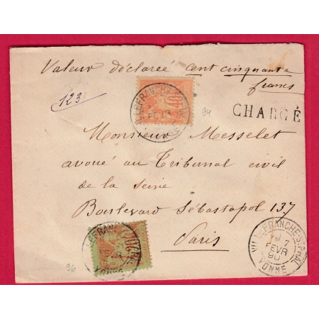 N°94 96 VILLEFRANCHE ST PHAL YONNE LETTRE CHARGE 1890 POUR PARIS COVER