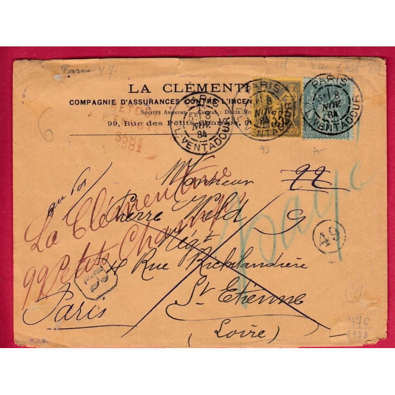 N°75 93 PARIS PL VENTADOUR RETOUR ENVOYEUR 3581 ST ETIENNE LOIRE RECOMMANDE LETTRE COVER