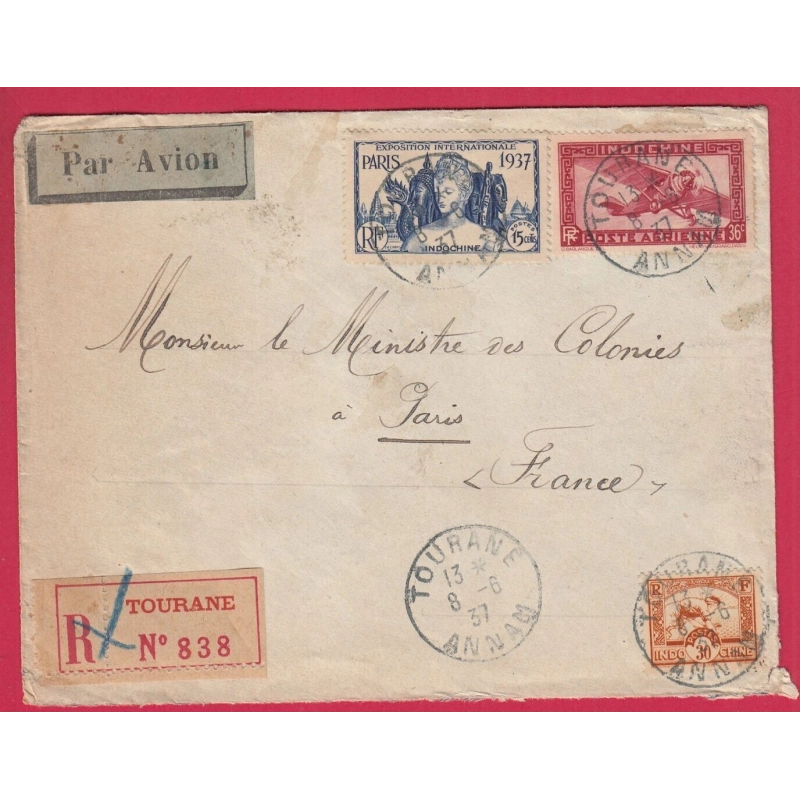 TOURANE ANNAM RECOMMANDE PAR AVION INDOCHINE 1937 POUR PARIS LETTRE COVER