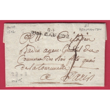MARQUE 83 VERMENTON YONNE 1802 AN10 POUR PARIS INDICE 15 LETTRE COVER