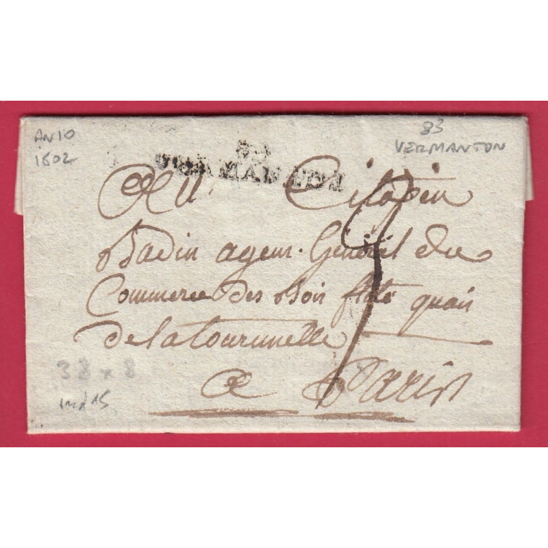 MARQUE 83 VERMENTON YONNE 1802 AN10 POUR PARIS INDICE 15 LETTRE COVER