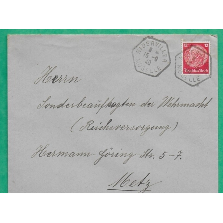TIMBRE HILDENBURG OBLITERATION NIDERVILLER MOSELLE ALSACE LORRAINE 1940 LETTRE COVER FRANCE