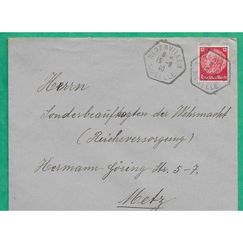 TIMBRE HILDENBURG OBLITERATION NIDERVILLER MOSELLE ALSACE LORRAINE 1940 LETTRE COVER FRANCE