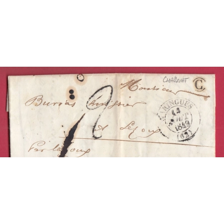 CAD TYPE 13 MARINGUES PUY DE DOME BOITE RURALE C CHARNAT 1849 POUR LEZOUX LETTRE COVER