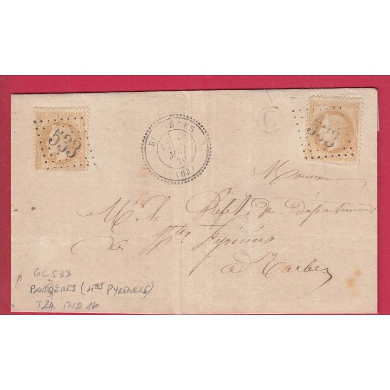 N°28 X2 GC 533 BORDERES HAUTE PYRENEES CAD TYPE 24 POUR TARBES LETTRE COVER