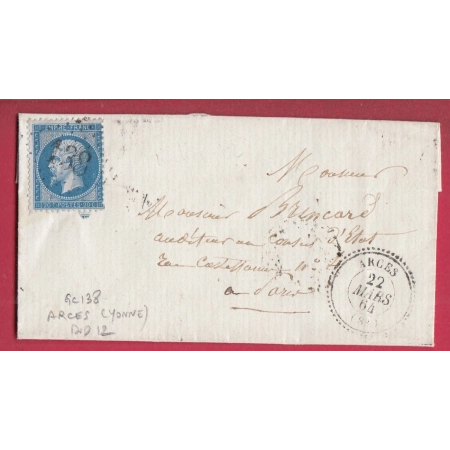 N°22 GC 138 ARCES YONNE CAD TYPE 22 INDICE 12 POUR PARIS LETTRE COVER