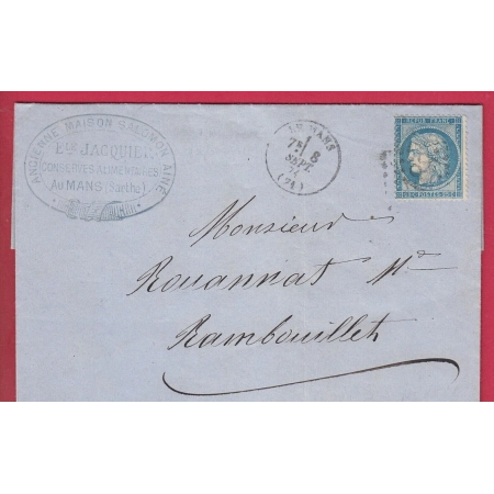 N°60 DU 8 SEPTEMBRE 1871 PRECOCE GC 2188 LE MANS CAD TYPE 16 POUR RAMBOUILLET SEINE ET OISE LETTRE COVER