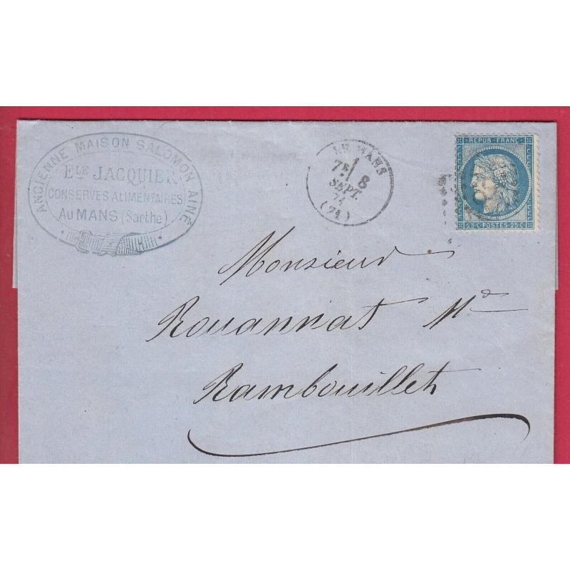 N°60 DU 8 SEPTEMBRE 1871 PRECOCE GC 2188 LE MANS CAD TYPE 16 POUR RAMBOUILLET SEINE ET OISE LETTRE COVER