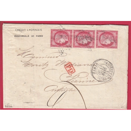 N°57 BANDE DE 3 PARIS ETOILE 1 PL DE LA BOURSE POUR VIENNE WIEN AUTRICHE AUSTRIA 1874 SIGNE BRUN LETTRE COVER