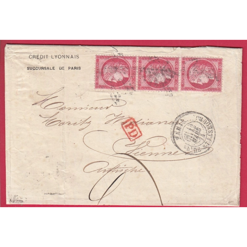 N°57 BANDE DE 3 PARIS ETOILE 1 PL DE LA BOURSE POUR VIENNE WIEN AUTRICHE AUSTRIA 1874 SIGNE BRUN LETTRE COVER