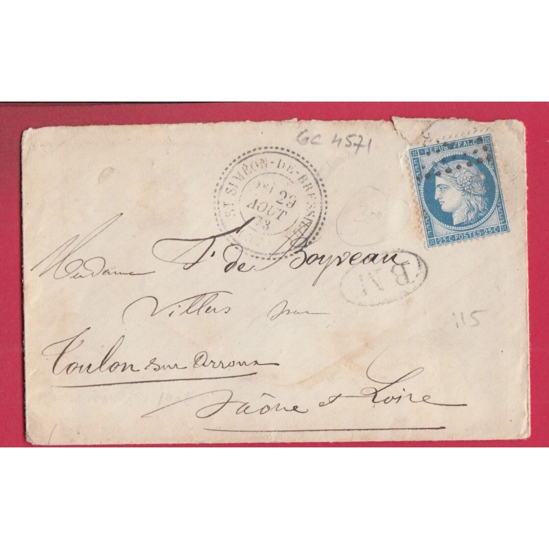 N°60 GC 4571 ST SIMEON DE BRESSIEUX ISERE CAD TYPE 24 POUR TOULON SUR ARROUX SAONE ET LOIRE LETTRE COVER