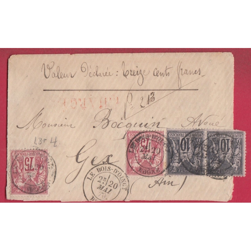 N°71 X2 89 PAIRE LE BOIS D'OINGT RHONE LETTRE CHARGE POUR GEX AIN 1879 COVER