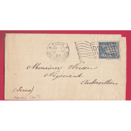 N°69 PARIS DISTRIBUTION AVEC FLEURONS FLAMME RF 1900 REF A00601 AUBERVILLIERS LETTRE COVER