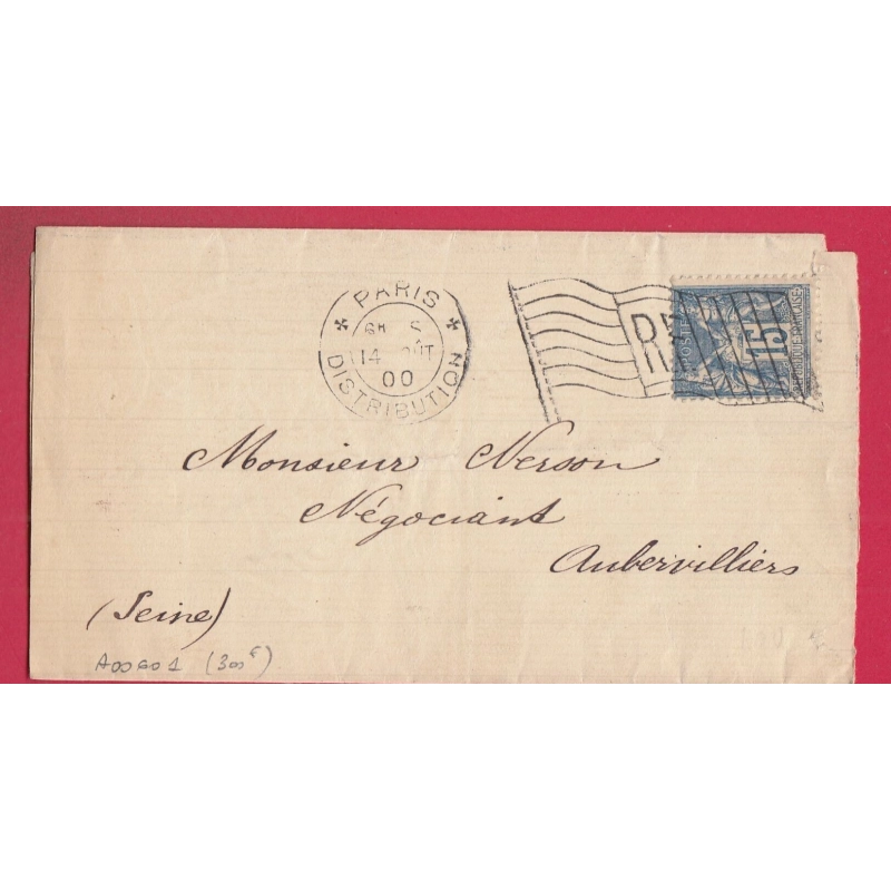 N°69 PARIS DISTRIBUTION AVEC FLEURONS FLAMME RF 1900 REF A00601 AUBERVILLIERS LETTRE COVER