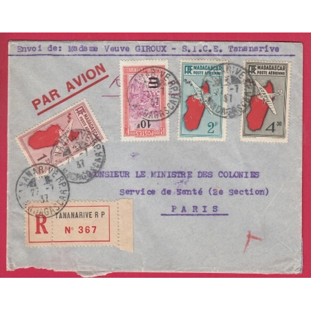 MADAGASCAR TANANARIVE 1937 PAR AVION RECOMMANDE POUR PARIS LETTRE COVER
