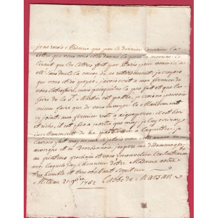 MARQUE MANUSCRIT MILLAU AVEYRON 1762 LENAIN N°1 1762 INDICE 10 POUR CLERMONT PUY DE DOME LETTRE COVER