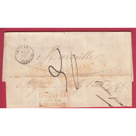 CAD TYPE 15 SMYRNE TURQUIE TUURKEY 1855 PAQUEBOT MEDITERRANEE 1855 POUR MARSEILLE BFE DOUBLE PORT TAXE 20 LETTRE COVER