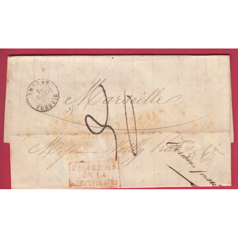 CAD TYPE 15 SMYRNE TURQUIE TUURKEY 1855 PAQUEBOT MEDITERRANEE 1855 POUR MARSEILLE BFE DOUBLE PORT TAXE 20 LETTRE COVER