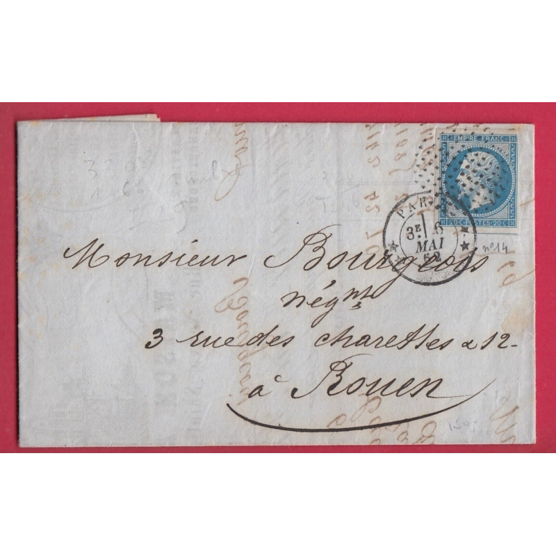 N°14 PARIS CERCLE DE POINTS POUR ROUEN SEINE INFERIEURE LETTRE COVER ETIQUETTE PUB