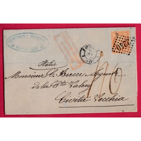 N°23 GC 2240 MARSEILLE 4 POUR CIVITAVECCHIA TAXE MANUSCRIT 40 AFFR INSUF ITALIE ITALIA LETTRE COVER