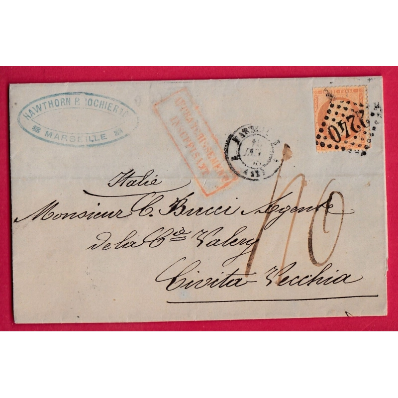 N°23 GC 2240 MARSEILLE 4 POUR CIVITAVECCHIA TAXE MANUSCRIT 40 AFFR INSUF ITALIE ITALIA LETTRE COVER