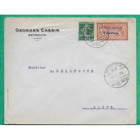 SEMEUSE MERSON SURCHARGE GRAND LIBAN LETTRE BEYROUTH POUR ALGER ALGERIE 1924 COVER FRANCE