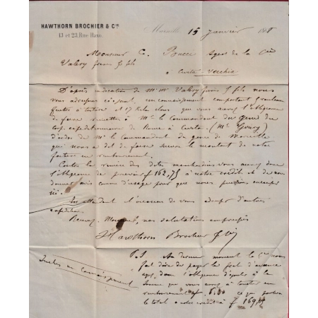 N°23 GC 2240 MARSEILLE 4 POUR CIVITAVECCHIA TAXE MANUSCRIT 40 AFFR INSUF ITALIE ITALIA LETTRE COVER