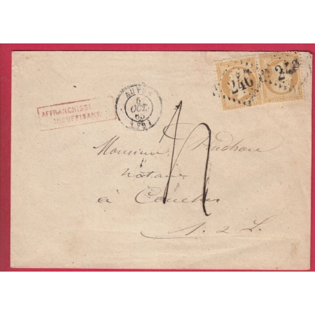 N°21 X2 GC 246 AUTUN SAONE ET LOIRE 1865 TAXE 4 AFFR INSUF POUR COUCHES 1865 LETTRE COVER