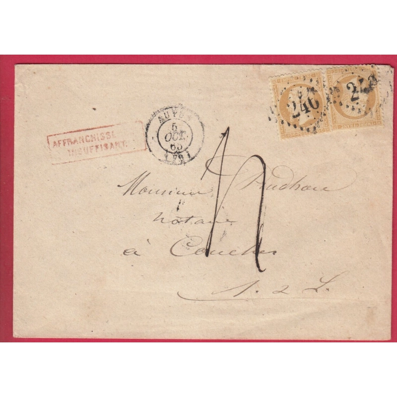 N°21 X2 GC 246 AUTUN SAONE ET LOIRE 1865 TAXE 4 AFFR INSUF POUR COUCHES 1865 LETTRE COVER